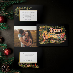 Ornate Victorian Christmas Greeting and Floral Tri-Fold Holiday Card