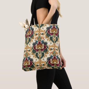 Ornate Victorian Floral Damask in Teal and Burgund Tote Bag