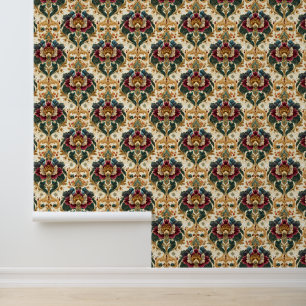Ornate Victorian Floral Damask in Teal and Burgund Wallpaper