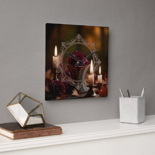 Ornate Victorian Mirror Purple Rose Candlelight Square Wall Clock
