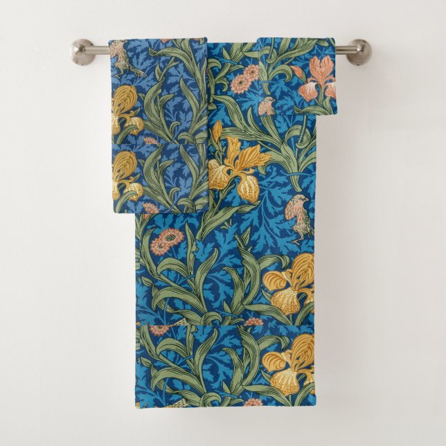 Ornate Victorian Pink & Gold Iris on Blue Bath Towel Set (Insitu)