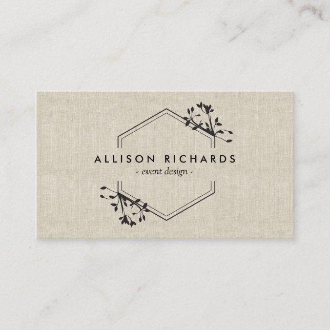 Ornate Vine and Leaf Emblem on Linen Business Card (Front)