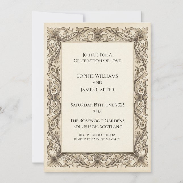 Ornate Vintage Baroque Scroll Elegant Wedding Invitation (Front)