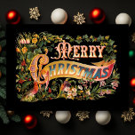 Ornate Vintage Christmas Greeting Card<br><div class="desc">Richly embellished Christmas greeting featuring ornate text on a banner decorated with holly,  assorted flowers and leaves,  and a cardinal on a black background. Inside text is customisable.</div>