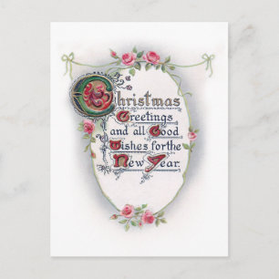 Ornate Vintage Christmas Greeting with Roses Postcard
