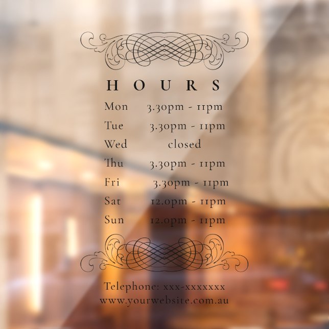 Ornate Vintage Elegant Black Opening Hours Timings Window Cling (Sheet 2)