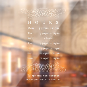 Ornate Vintage Elegant White Opening Hours Timings Window Cling