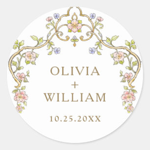 Ornate Vintage Frame Bohemian Flowers Wedding Classic Round Sticker