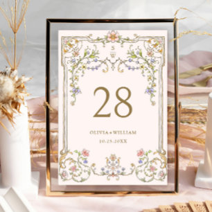 Ornate Vintage Frame Bohemian Flowers Wedding Table Number
