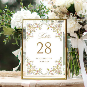 Ornate Vintage Frame Bohemian Flowers Wedding Table Number