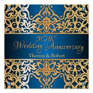 Ornate Vintage Gold And Blue Jewelled Anniversary Poster