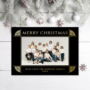 Ornate Vintage Motif Christmas Photo Black Foil Holiday Card