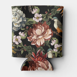Ornate Vintage Peonies, Roses, Birds. Can Cooler