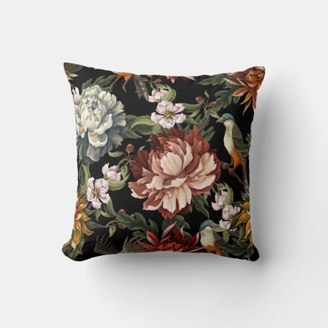 Ornate Vintage Peonies, Roses, Birds. Cushion (Front)
