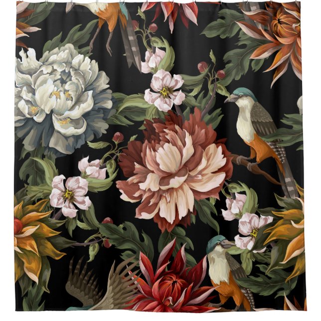 Ornate Vintage Peonies, Roses, Birds. Shower Curtain (Front)