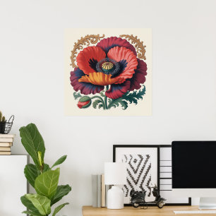 Ornate Vintage Poppy Floral Illustration Poster