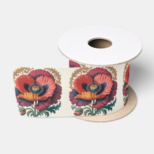 Ornate Vintage Poppy Floral Illustration Satin Ribbon