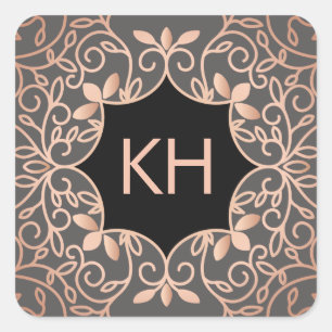 Ornate Vintage Rose Gold Monogram Square Sticker