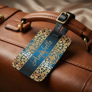 Ornate Vintage Shiny Gold And Blue Jeweled Custom Luggage Tag