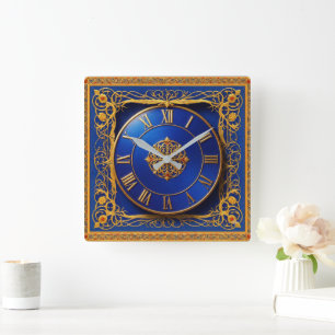 Ornate Wall Clock Golden Cobalt Blue