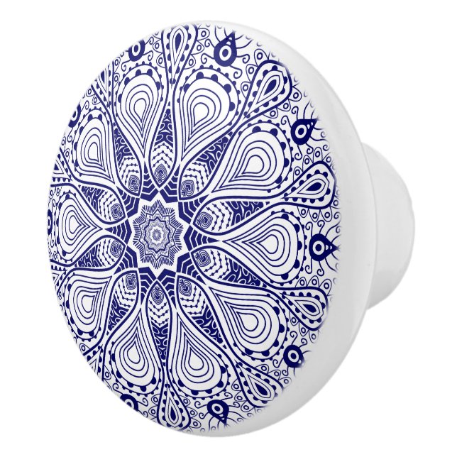 Ornate White & Blue Circle Lace Ceramic Knob (Right)