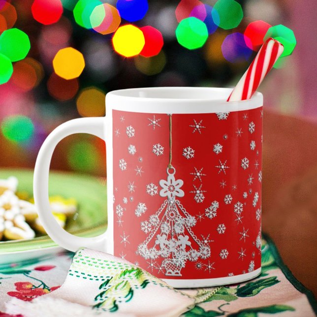 Ornate White Christmas Tree & Snowflakes Large Coffee Mug (Creator Uploaded)
