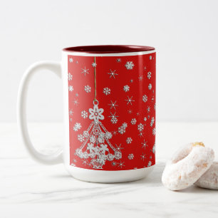 Ornate White Christmas Tree & Snowflakes Two-Tone Coffee Mug