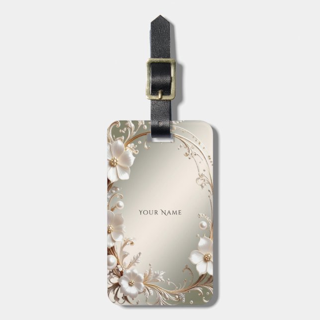 Ornate White Floral Frame Luggage Tag (Front Vertical)
