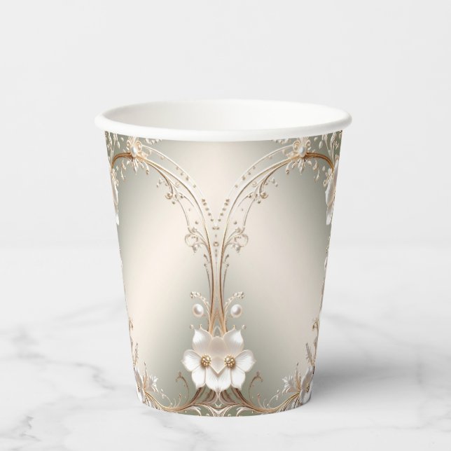 Ornate White Floral Frame Paper Cups (Front)