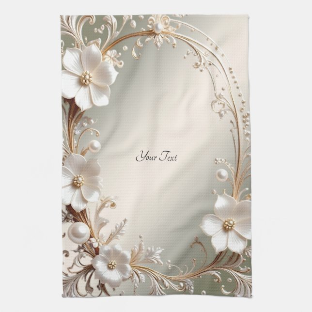 Ornate White Floral Kitchen Towel (Vertical)