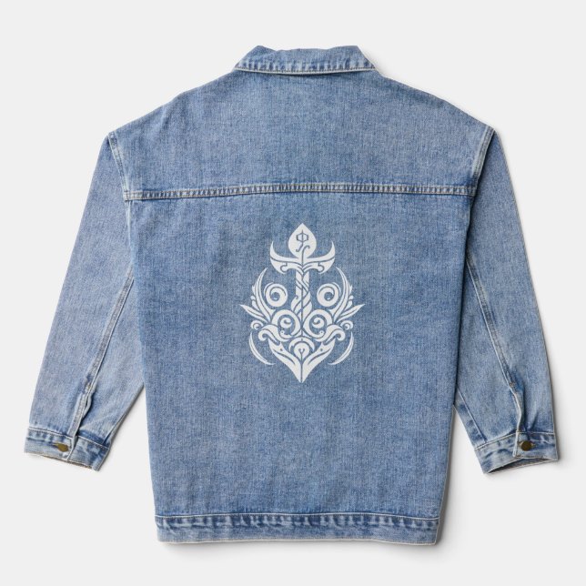 Ornate white floral nautical boat anchor denim jacket (Back)