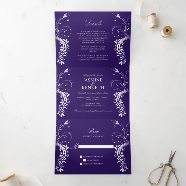 Ornate White Floral Swirls on Dark Purple Wedding Tri-Fold Invitation (Inside)