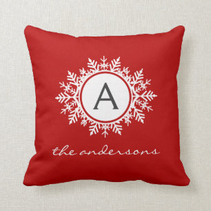 Ornate White Snowflake Monogram Family Festive Red Cushion
