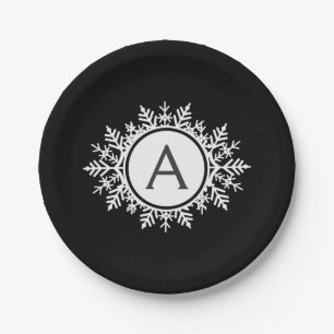 Ornate White Snowflake Monogram on Black Paper Plate