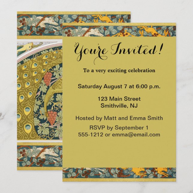 Ornate William Morris Style Peacock Grapevine Art Invitation (Front/Back)