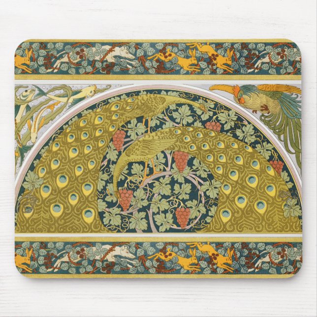 Ornate William Morris Style Peacock Grapevine Art Mouse Mat (Front)