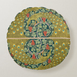 Ornate William Morris Style Peacock Grapevine Art Round Cushion