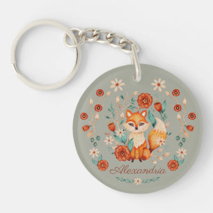 Ornate Woodland Fox Whimsical Watercolor Name Key Ring