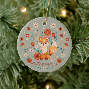 Ornate Woodland Fox Whimsical Watercolor Name Year Ceramic Tree Decoration