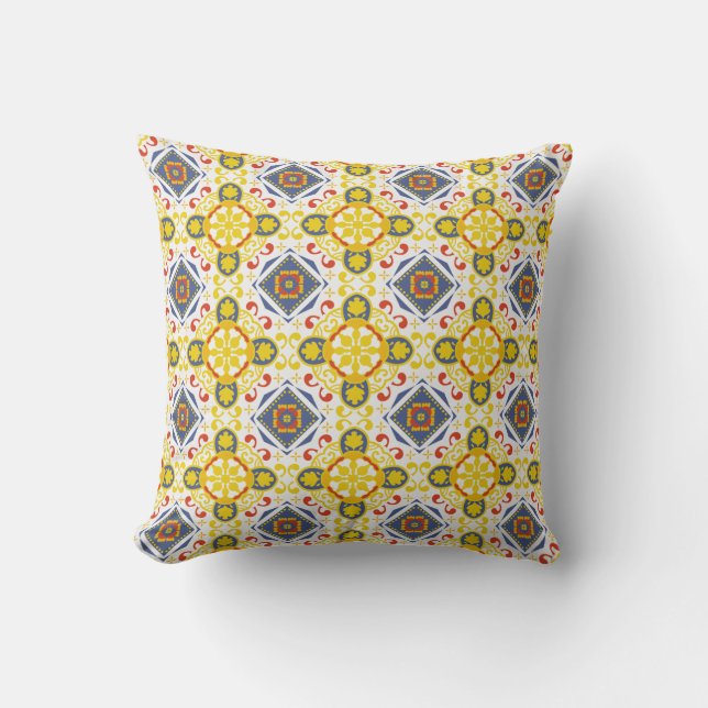 Ornate yellow, blue, and red tile pattern cushion (Front)