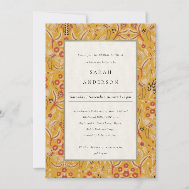 Ornate Yellow Gold Floral Peacock Bridal Shower Invitation (Front)