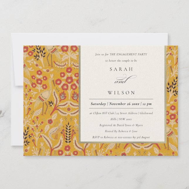 Ornate Yellow Gold Floral Peacock Engagement Invitation (Front)