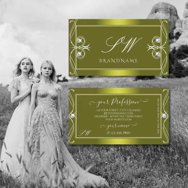 Ornate Yellow Olive Sparkling Diamonds Initials Business Card (Creator Uploaded)