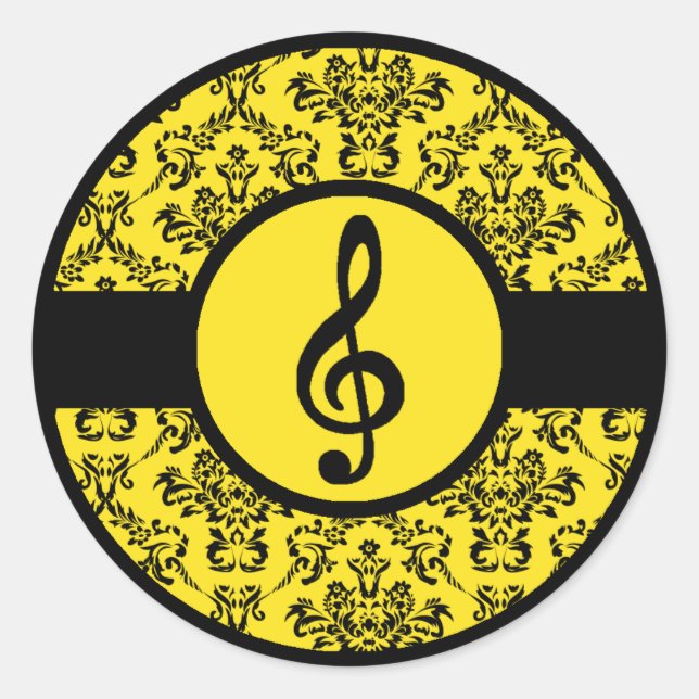 Ornate Yellow Treble Clef Classic Round Sticker (Front)