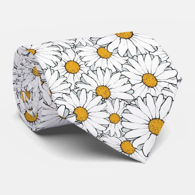 Ornate Yellow White Pretty Daisy Floral Pattern Tie (Rolled)
