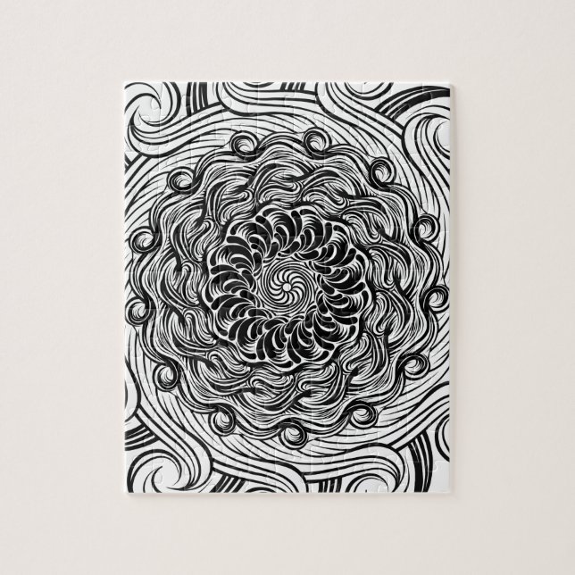 Ornate Zen Doodle Optical Illusion Black and White Jigsaw Puzzle (Vertical)