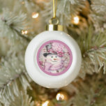 Ornately Dressed Pink Snowman Christmas Ceramic Ball Christmas Ornament<br><div class="desc">A happy snowman wearing a tophat,  scarf and carrot nose</div>
