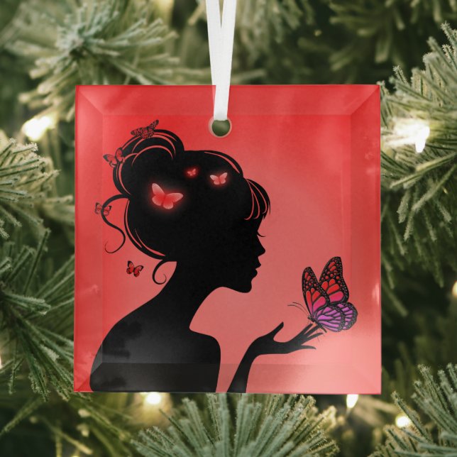 Ornement En Verre La femme papillons rouges Glass Tree Decoration (Insitu)