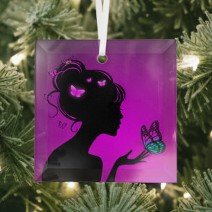 Ornement En Verre La femme papillons violets Glass Tree Decoration