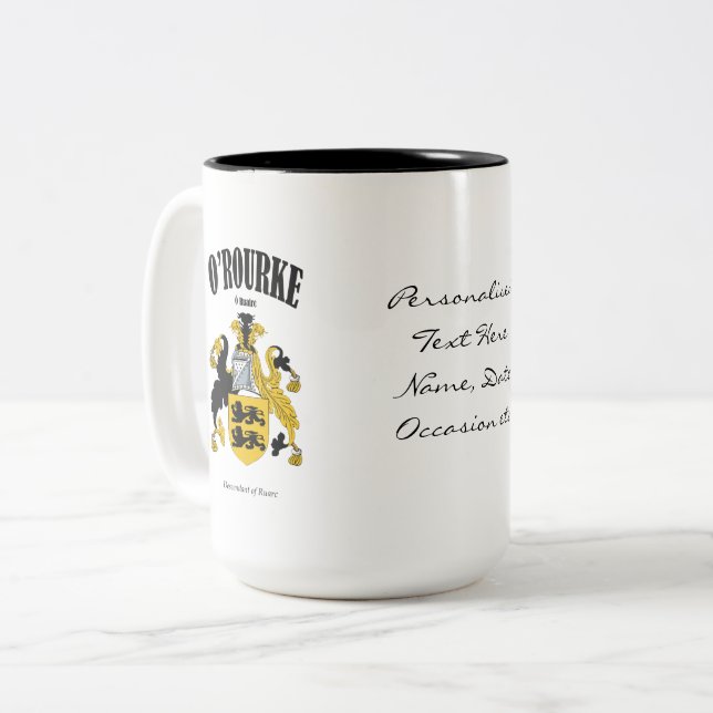 O'Rourke Family Crest, Translation & Meaning Two-Tone Coffee Mug (Front Left)